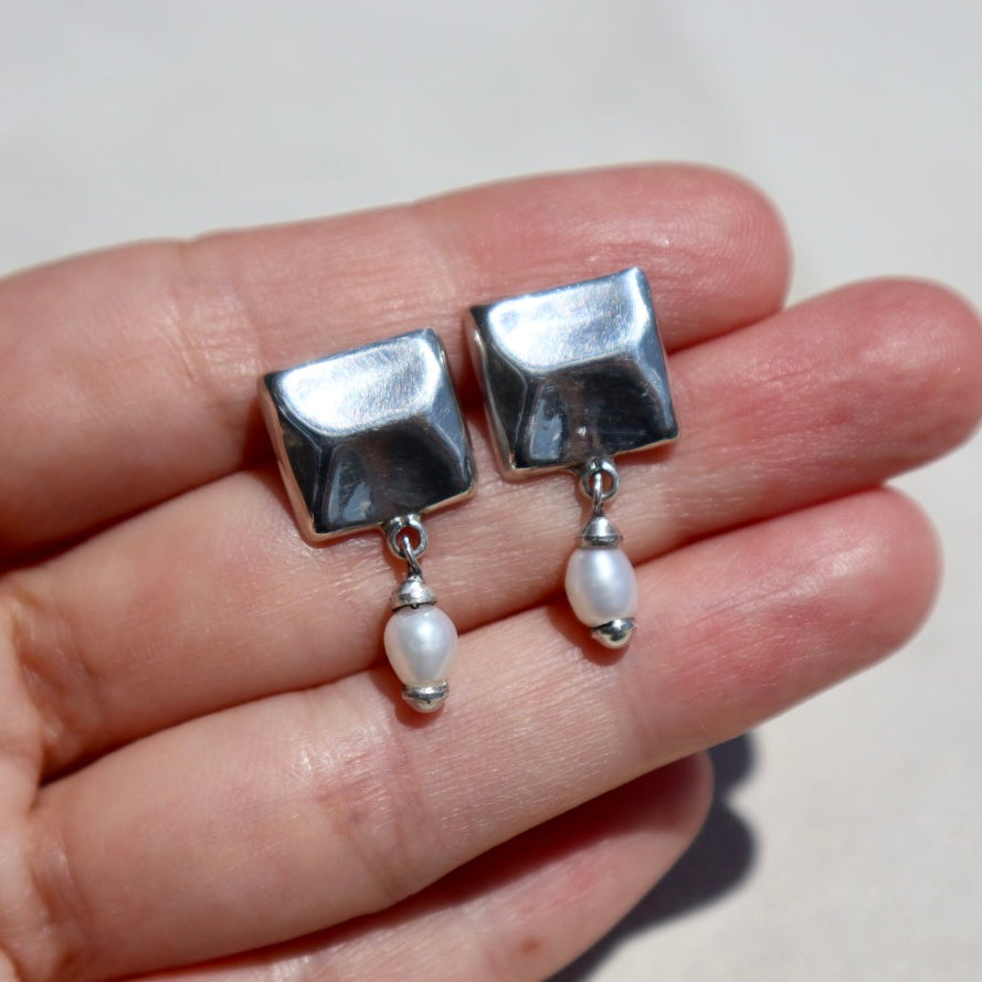 Modernist Silver + Pearl Earrings
