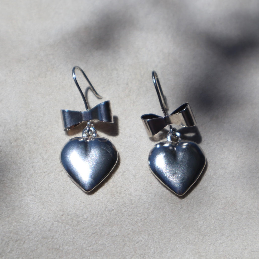 Silver Heart + Bow Earrings