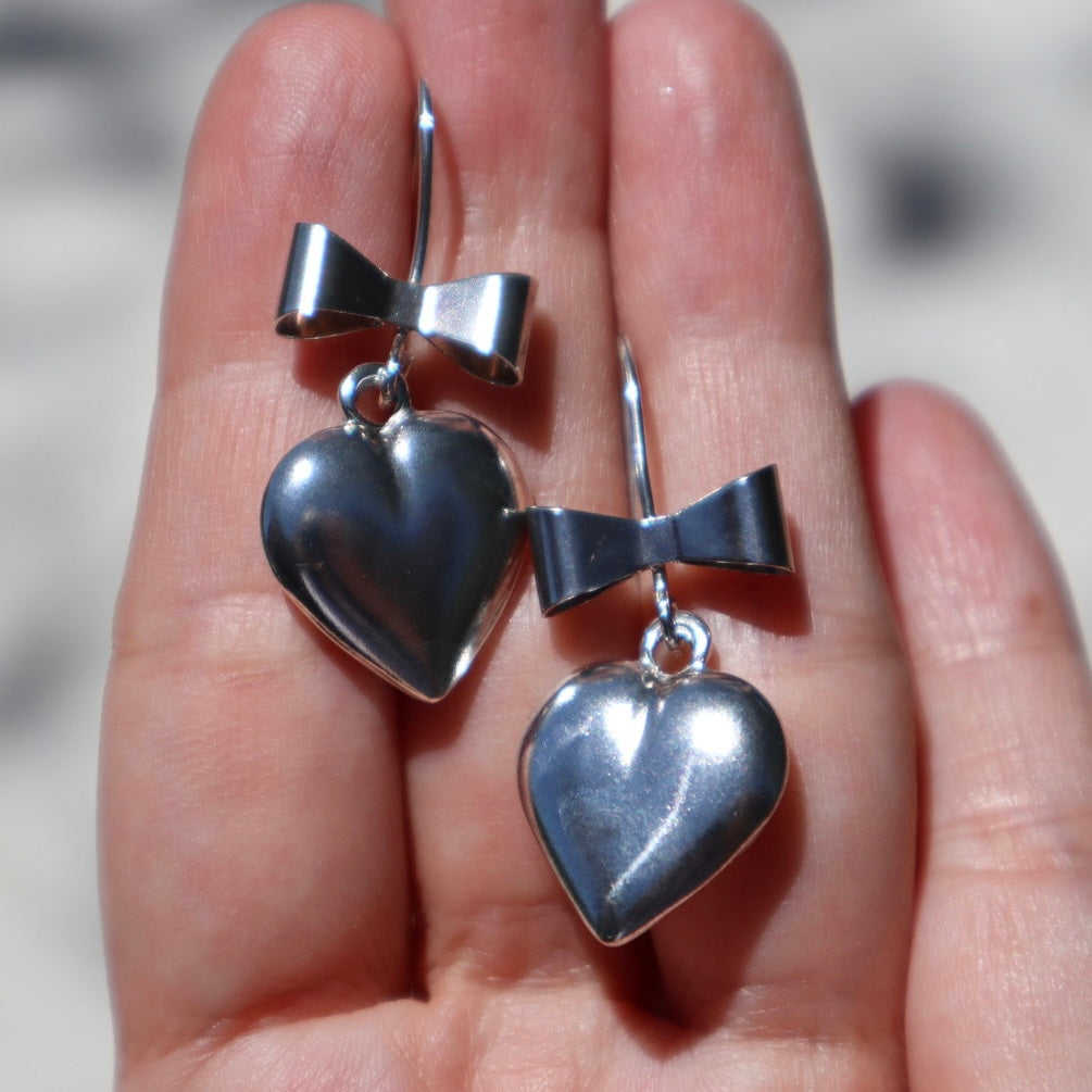 Silver Heart + Bow Earrings