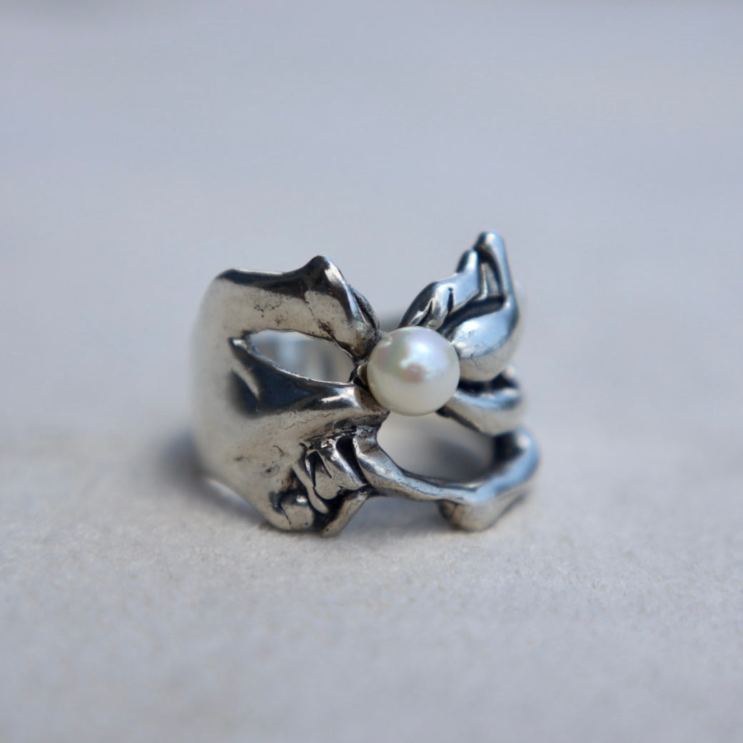 Brutalist Sterling + Pearl Ring