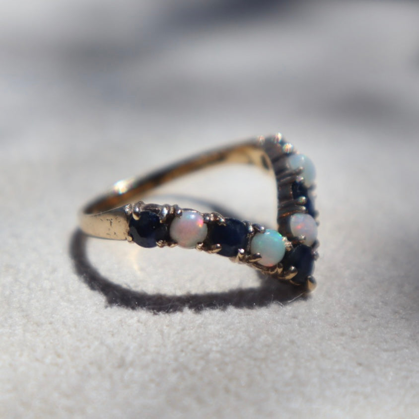 Opal + Blue Sapphire Chevron Ring