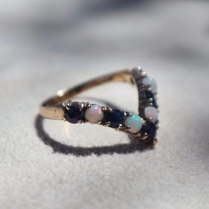Opal + Blue Sapphire Chevron Ring