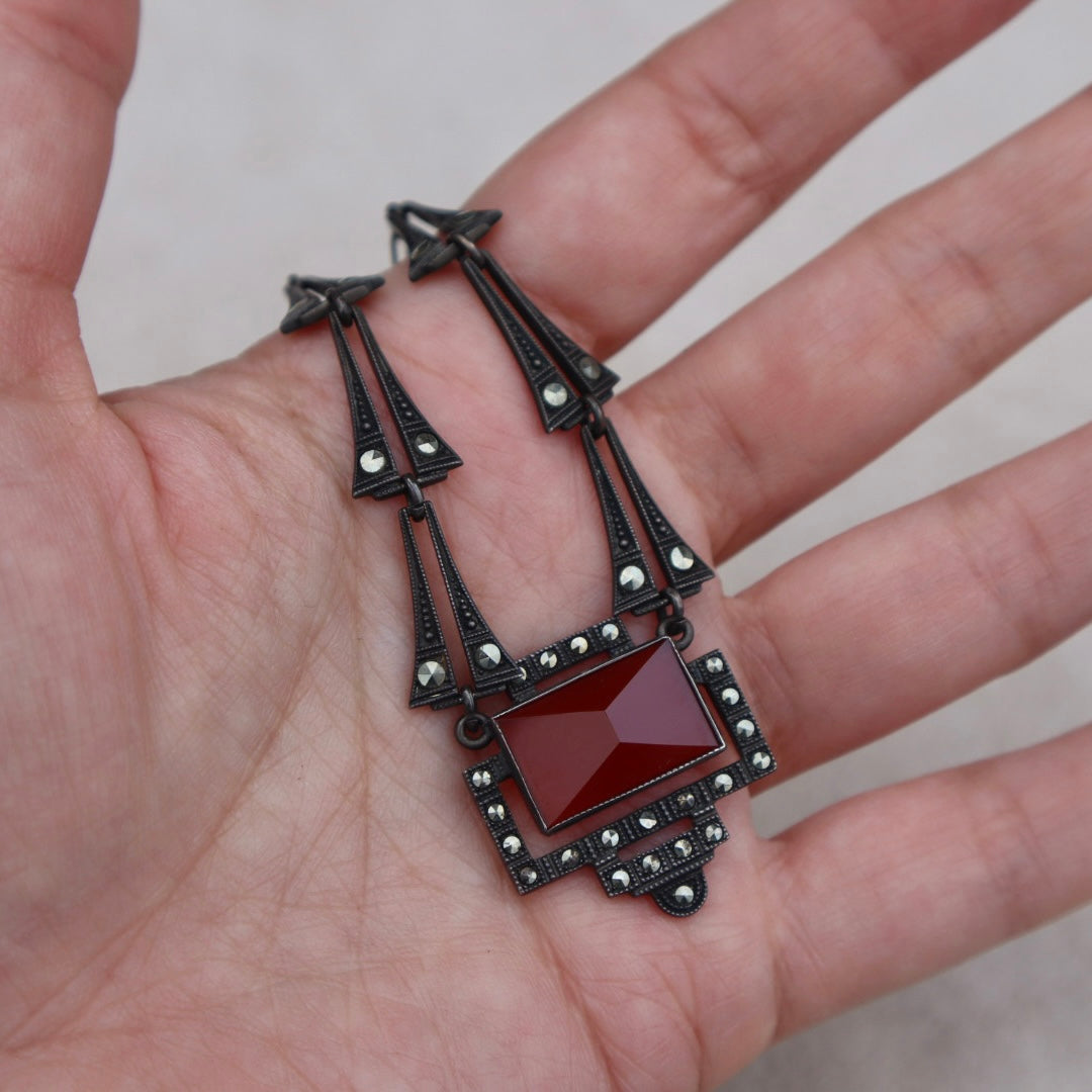 Art Deco Style Carnelian Marcasite Necklace
