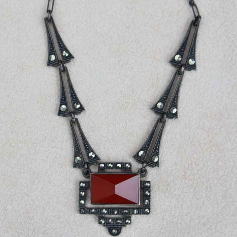 Art Deco Style Carnelian Marcasite Necklace