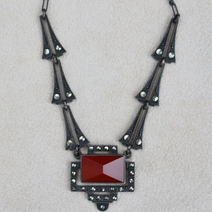 Art Deco Style Carnelian Marcasite Necklace