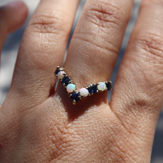 Opal + Blue Sapphire Chevron Ring