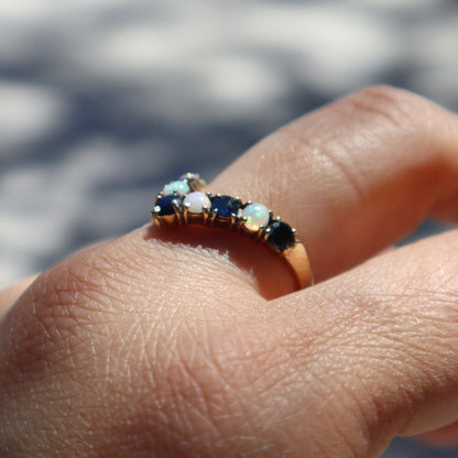 Opal + Blue Sapphire Chevron Ring