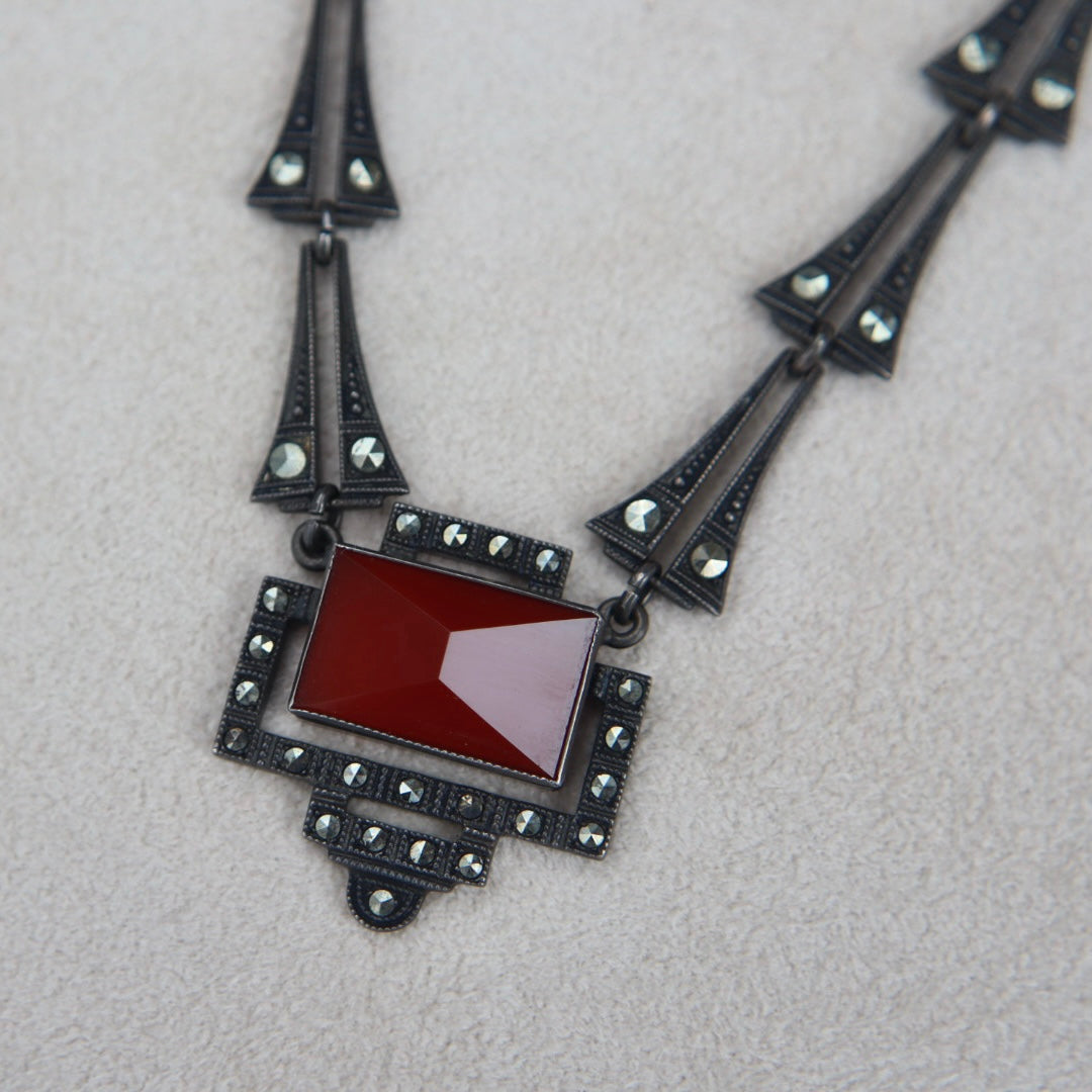 Art Deco Style Carnelian Marcasite Necklace
