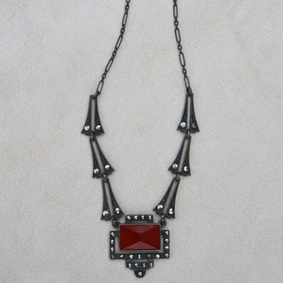 Art Deco Style Carnelian Marcasite Necklace