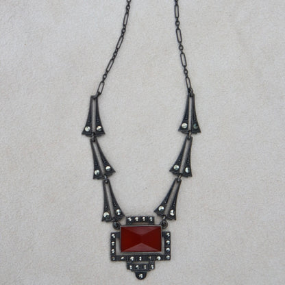 Art Deco Style Carnelian Marcasite Necklace
