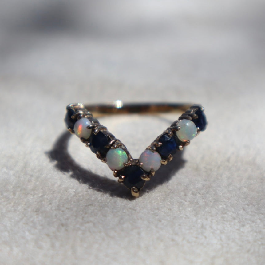 Opal + Blue Sapphire Chevron Ring