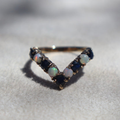 Opal + Blue Sapphire Chevron Ring