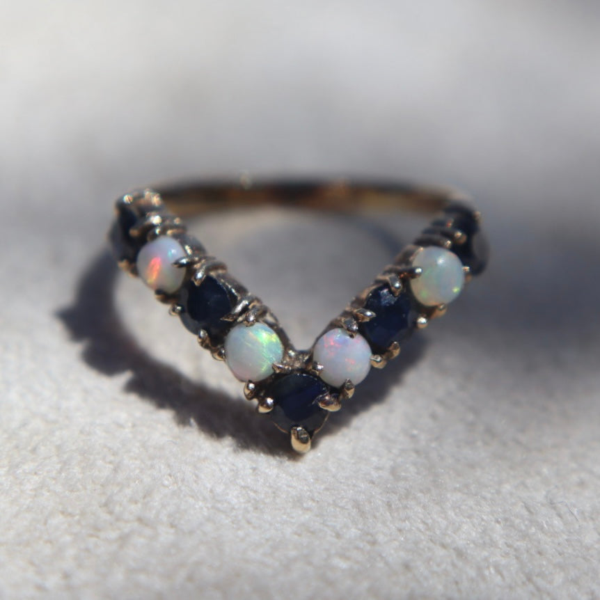 Opal + Blue Sapphire Chevron Ring