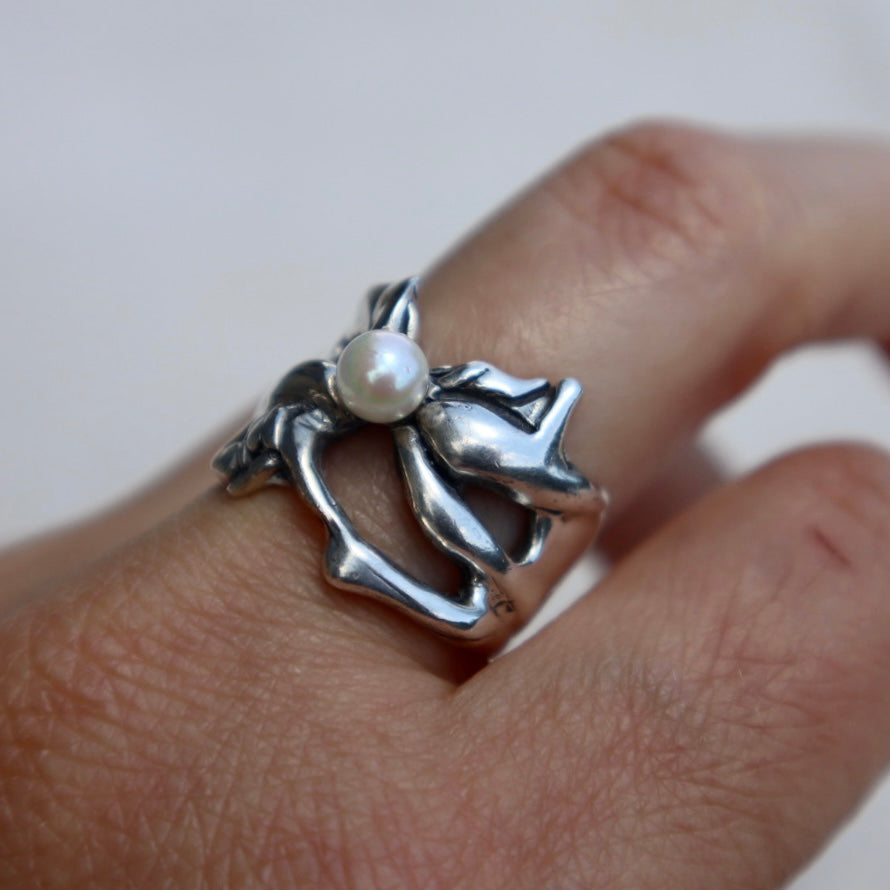 Brutalist Sterling + Pearl Ring