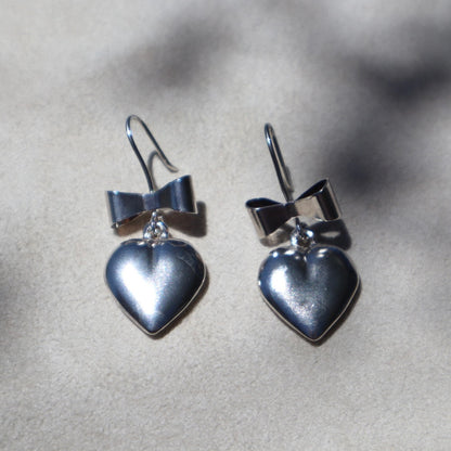 Silver Heart + Bow Earrings