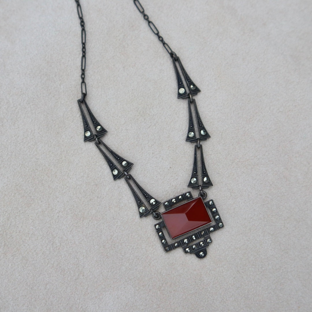 Art Deco Style Carnelian Marcasite Necklace