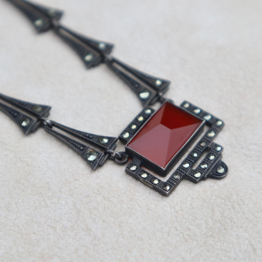 Art Deco Style Carnelian Marcasite Necklace