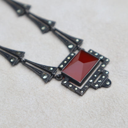 Art Deco Style Carnelian Marcasite Necklace