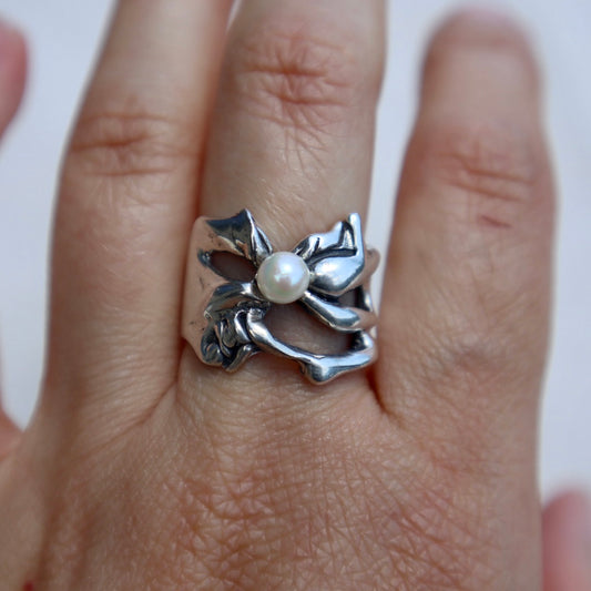 Brutalist Sterling + Pearl Ring