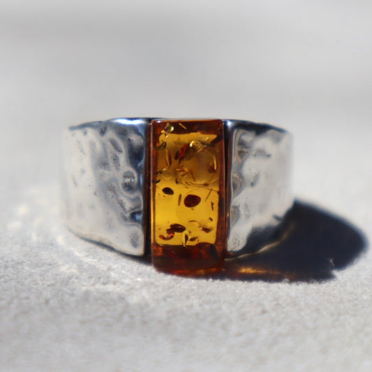 Hand Hammered Amber Signet Style Ring
